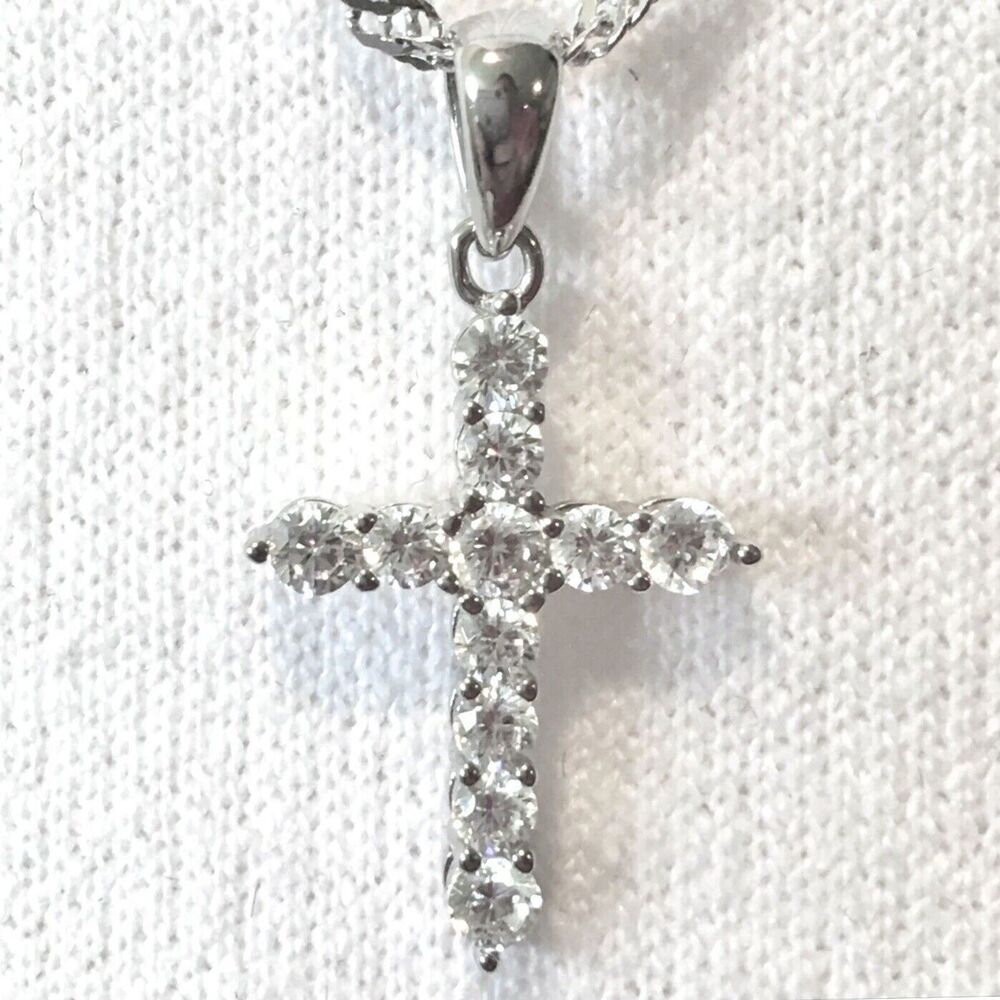 Cross Necklace Sterling Silver Cubic Zirconia Pendant 925 17in Twist Chain